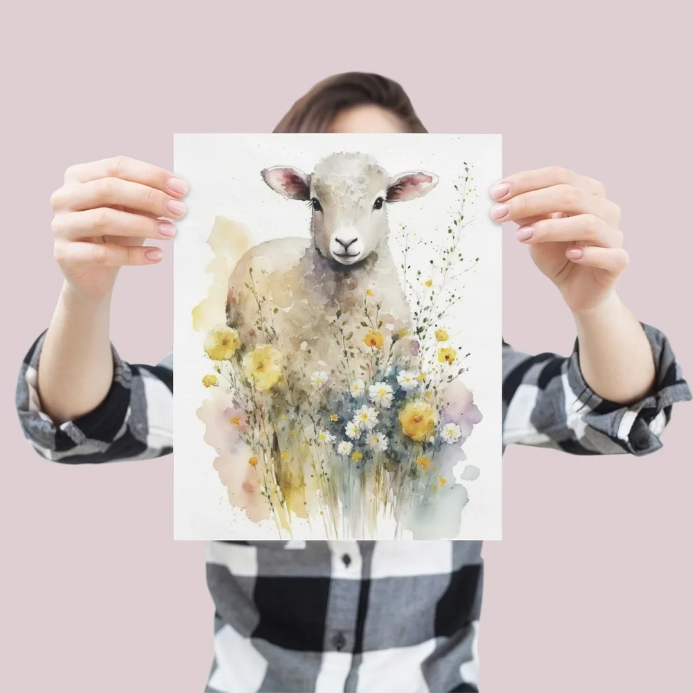 Watercolor Cute Floral Sheep Lamb Wall Art Illustration Print Poster Unframed - Picture 4 of 6